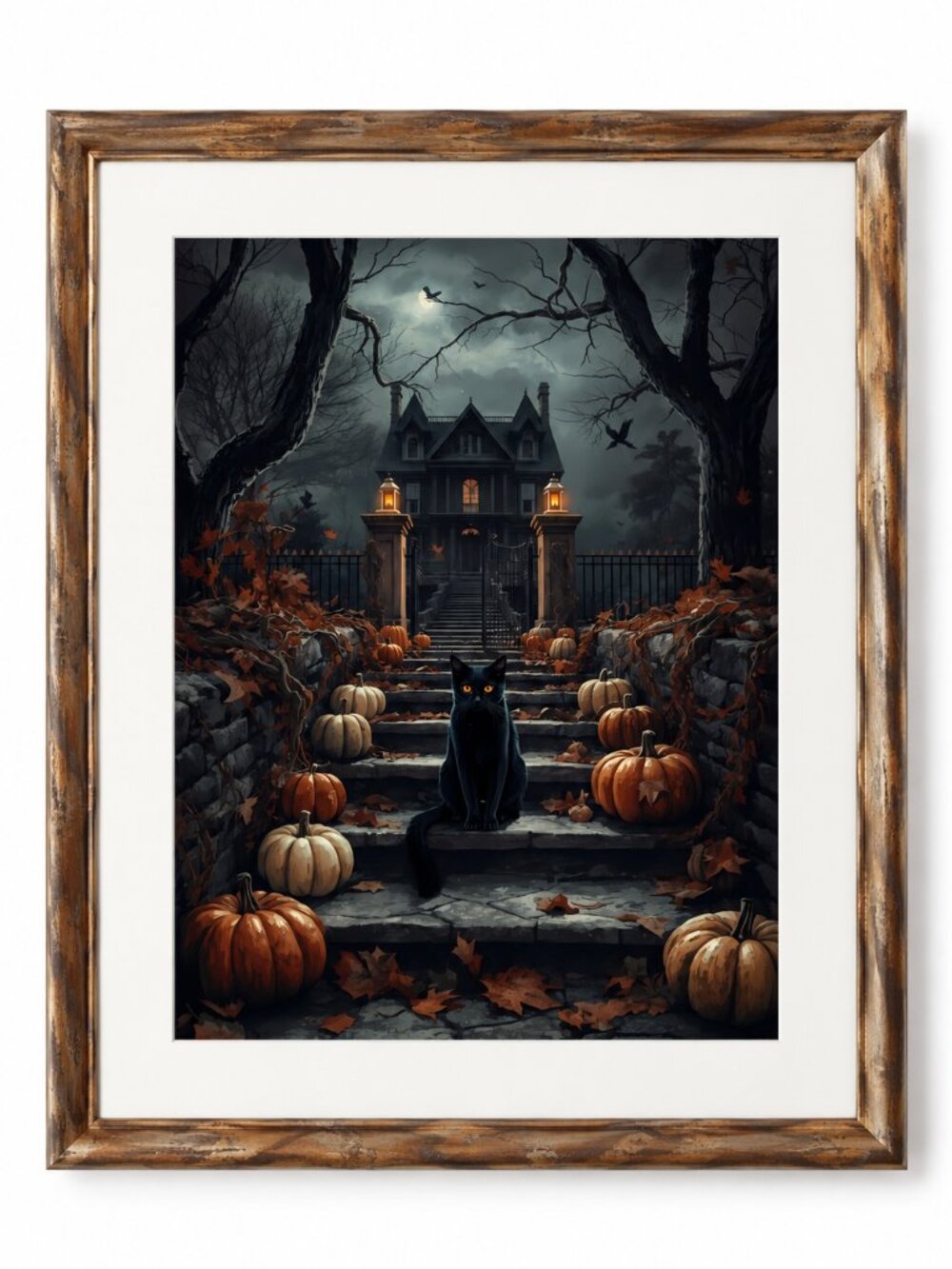 Haunted Manor Black Cat Halloween Wall Art Print 8x10